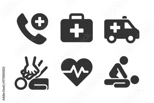 Emergency medical icons set including cpr, ambulance, heartbeat, and phone.