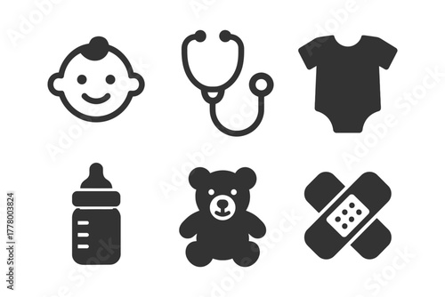Baby care icons: essentials for infant health and comfort.