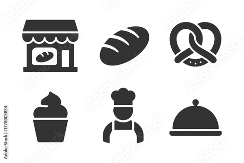 Bakery icons set: bread, pretzel, ice cream, chef, serving dome.