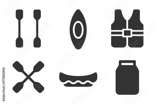 Kayaking equipment icons: paddle, kayak, life vest, canoe, jar.