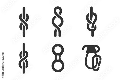 Collection of knot and climbing gear icons in black and white.