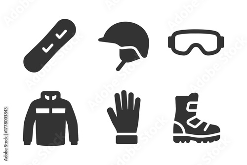 Essential snowboarding gear icons: board, helmet, goggles, jacket, gloves, boots.