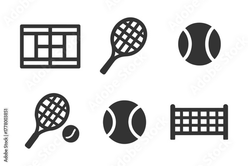 Tennis icons collection: court, racket, ball, and net symbols.