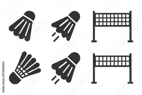 Badminton equipment: shuttlecocks and nets icons.