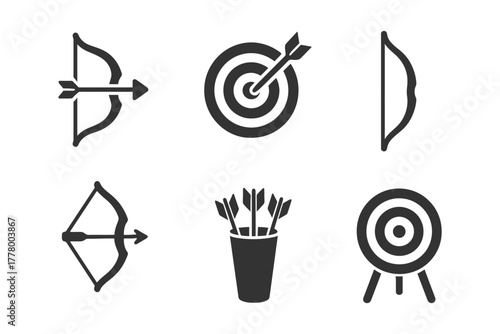 Archery icons set: bow, arrow, target, quiver enthusiast collection.