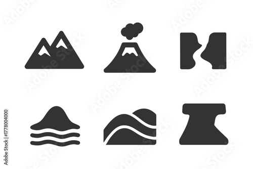 Nature icons set: mountains, volcanoes, canyons, water, waves, waterfalls.