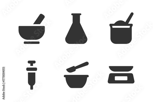Set of laboratory equipment icons: mortar, flask, jar, syringe, scale.