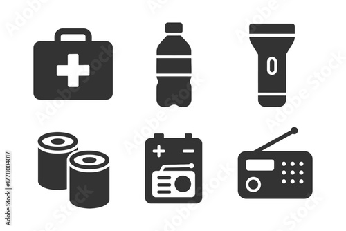 Emergency kit essentials icons featuring first aid, water bottle, flashlight, canned food, radio, battery.