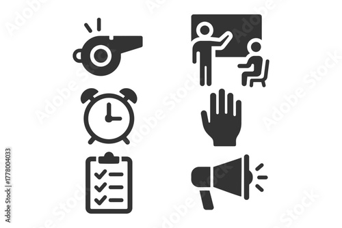 Whistle, classroom, alarm clock, hand, checklist, megaphone icons.