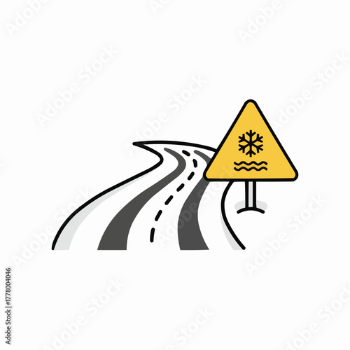 Warning sign indicating slippery conditions on a winding road ahead icon