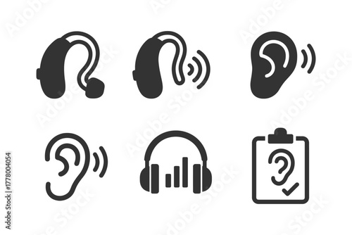 Hearing aid icons set showing ear and headphone symbols.