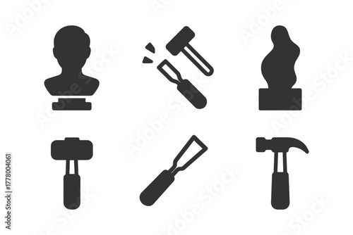 Chisel and hammer icons: tools for sculpture and carving.