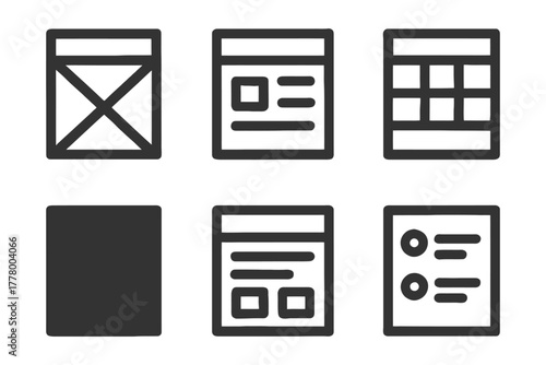 Assorted wireframe layouts for web and app design.