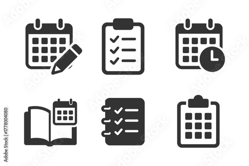 Calendar and checklist icons set: symbols for scheduling and task management.