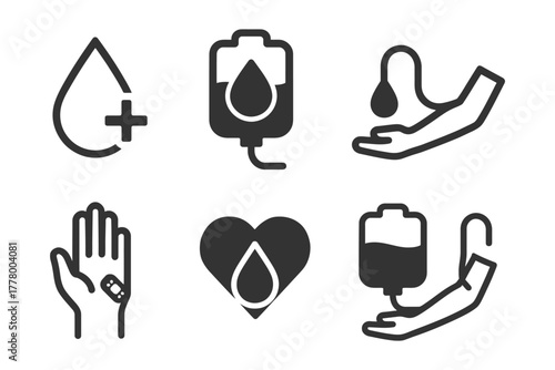 Blood donation icons: heart, hand, and drop symbols for medical support.