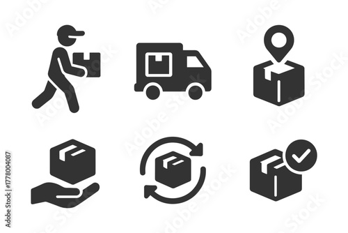 Delivery and logistics icons featuring parcel, truck, and route symbols.