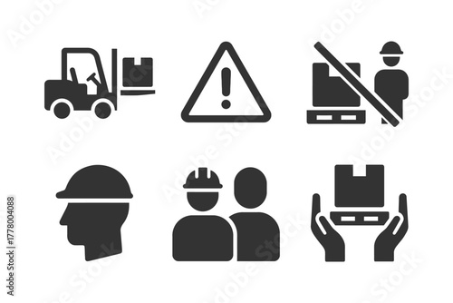 Warehouse safety icons collection including forklift and hard hat symbols.