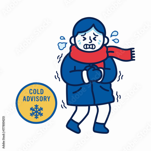 Person shivering in cold weather with cold advisory sign and winter clothing