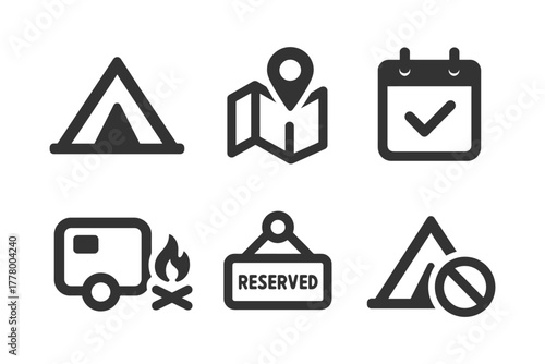 Camping and reservation symbols for outdoor travel and adventure.