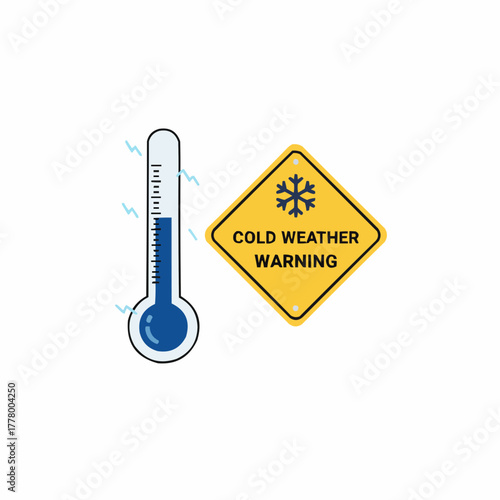 Illustration of a thermometer and a cold weather warning sign graphic