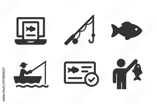 Fishing icons: rods, fish, boat, angler, license, computer.