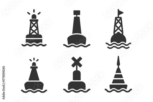 Collection of six nautical buoy icons in minimalist black design.