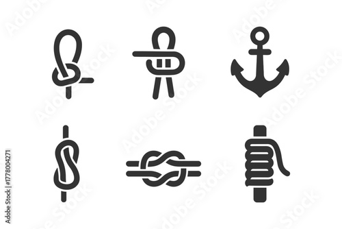 Set of nautical rope and knot icons with anchor symbol.