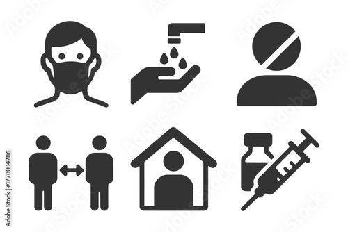 Health safety icons: mask, handwashing, social distancing, home isolation, vaccination.