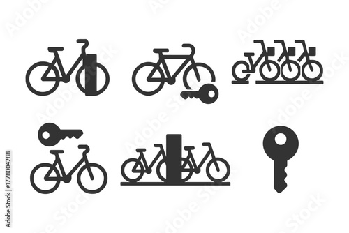 Bicycle sharing icons: bikes, keys, and stations illustrated.