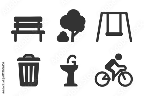 Park icon set: bench, tree, swing, trash can, fountain, bicyclist design.