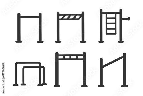 Collection of minimalist gymnastic bars and equipment illustrations in black and white.
