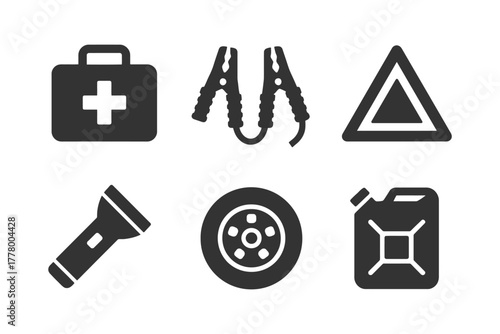 Essential car emergency kit: icons of first aid, jumper cables, warning triangle.