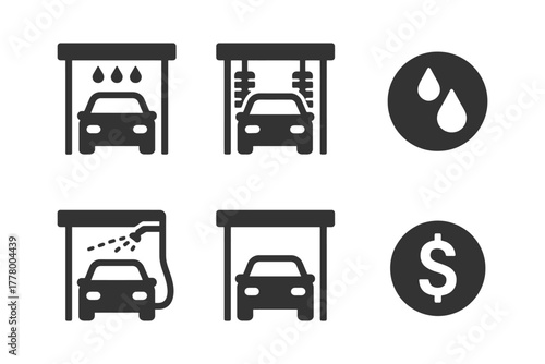 Car wash icons set: automatic, manual, water drops, currency symbol.