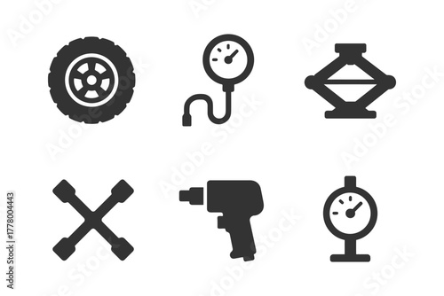 Automotive tools: tire, pressure gauge, jack, lug wrench, air gun.