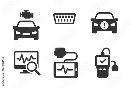 Car diagnostic icons: engine alert, battery low, efficiency check, diagnostic tools.
