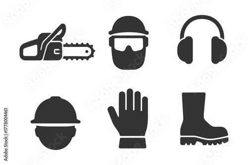 Chainsaw safety equipment icons: hard hat, goggles, ear muffs, gloves, boots.
