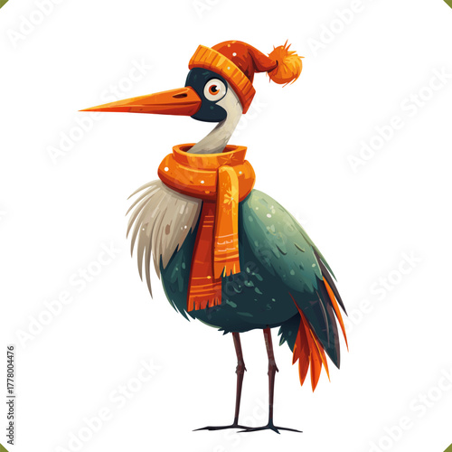 Vector illustration of a crane bird wearing a warm hat and scarf, isolated on a white background