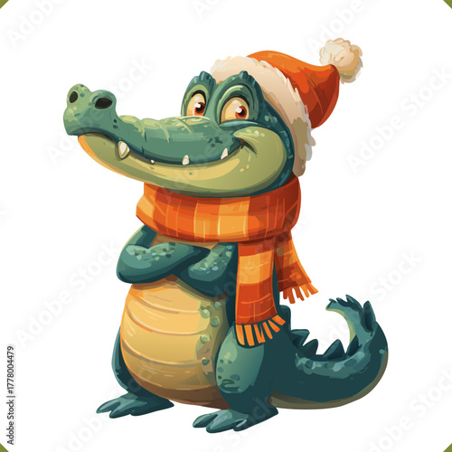 Vector illustration of crocodile wearing Santa hat and warm scarf, isolated on a white background, perfect for holiday and children designs