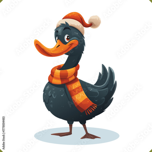 Vector illustration of black swan wearing scarf and Santa hat, isolated on a white background, perfect for holiday greetings and children projects