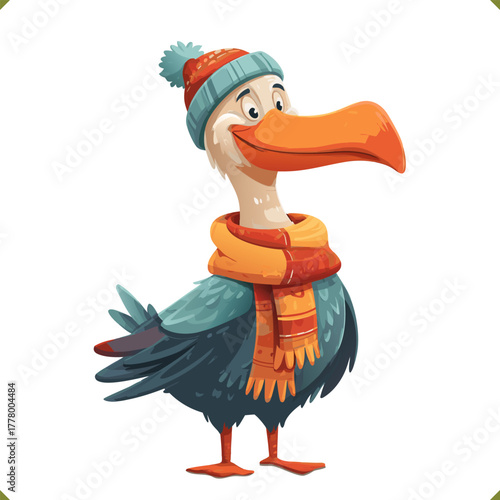 Vector illustration of a cute albatross wearing an orange hat and scarf, isolated on a white background