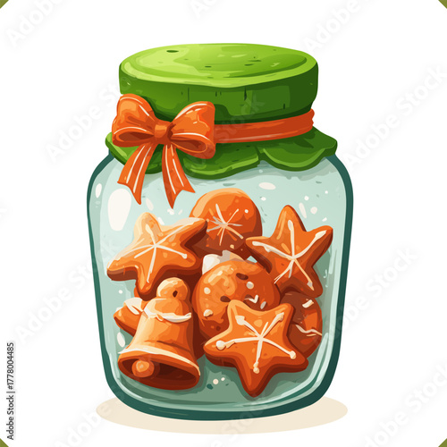 Vector illustration of a glass jar filled with star-shaped cookies and decorated with red ribbon, isolated on a white background. Vector illustration of winter dessert on white background
