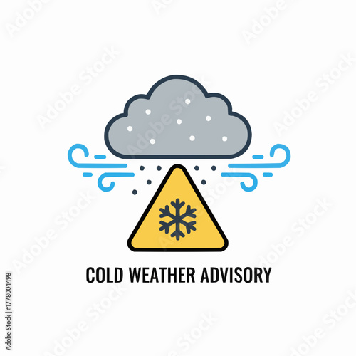 Cold weather advisory icon featuring snowflake, cloud and wind illustration