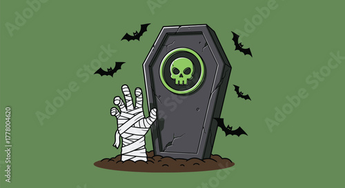 Cartoon zombie hand emerging from a grave with a skull emblem.