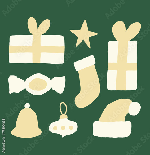 Collection of wobbly, naive-style winter elements. Hand-drawn modern design for Christmas and New Year season