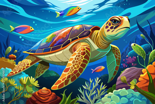 Colorful sea turtle swimming underwater in clear blue ocean, vibrant sea life scene, exotic aquatic wildlife photography, underwater tropical nature, and ocean animal stock image.