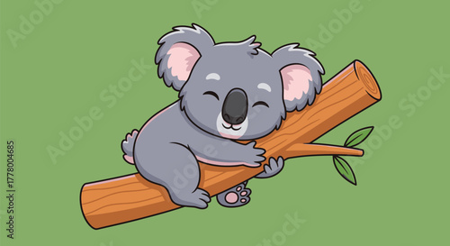 Cute cartoon koala bear sleeping peacefully on a tree branch with a green background.