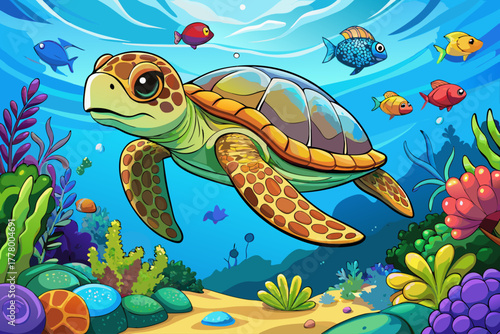 Colorful sea turtle swimming underwater in clear blue ocean, vibrant sea life scene, exotic aquatic wildlife photography, underwater tropical nature, and ocean animal stock image.