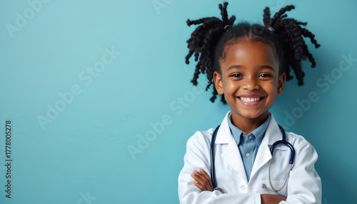 Happy African American girl dressed as a doctor. Smiling child wears white lab coat and stethoscope. The child has a bright smile. She is on a plain blue background.