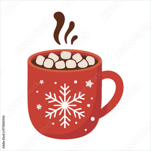 steaming hot chocolate in red snowflake mug with melting marshmallows vector art isolated on white background