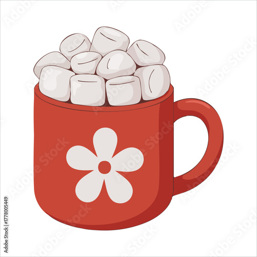 festive Christmas cocoa with marshmallows in ceramic cup vector art isolated on white background